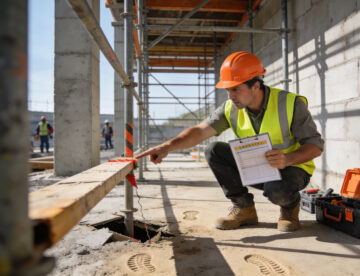 Construction worker on site, crouched down, pointing at a worn plank of wood over a hole in the ground, holding a clipboard. Representing a near miss being identified on site.