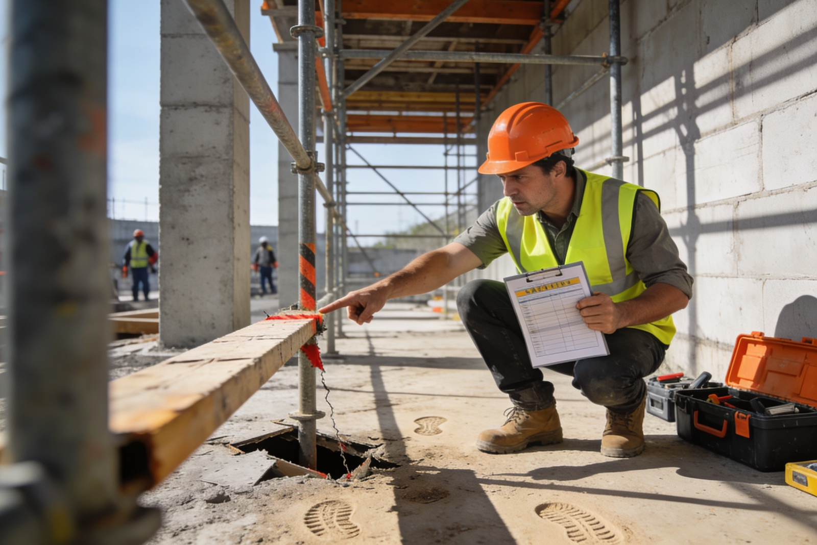 Construction worker on site, crouched down, pointing at a worn plank of wood over a hole in the ground, holding a clipboard. Representing a near miss being identified on site.