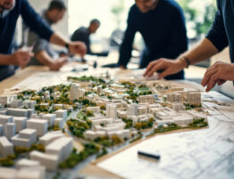 Small group of people looking over a 3D model of a town plan on a table