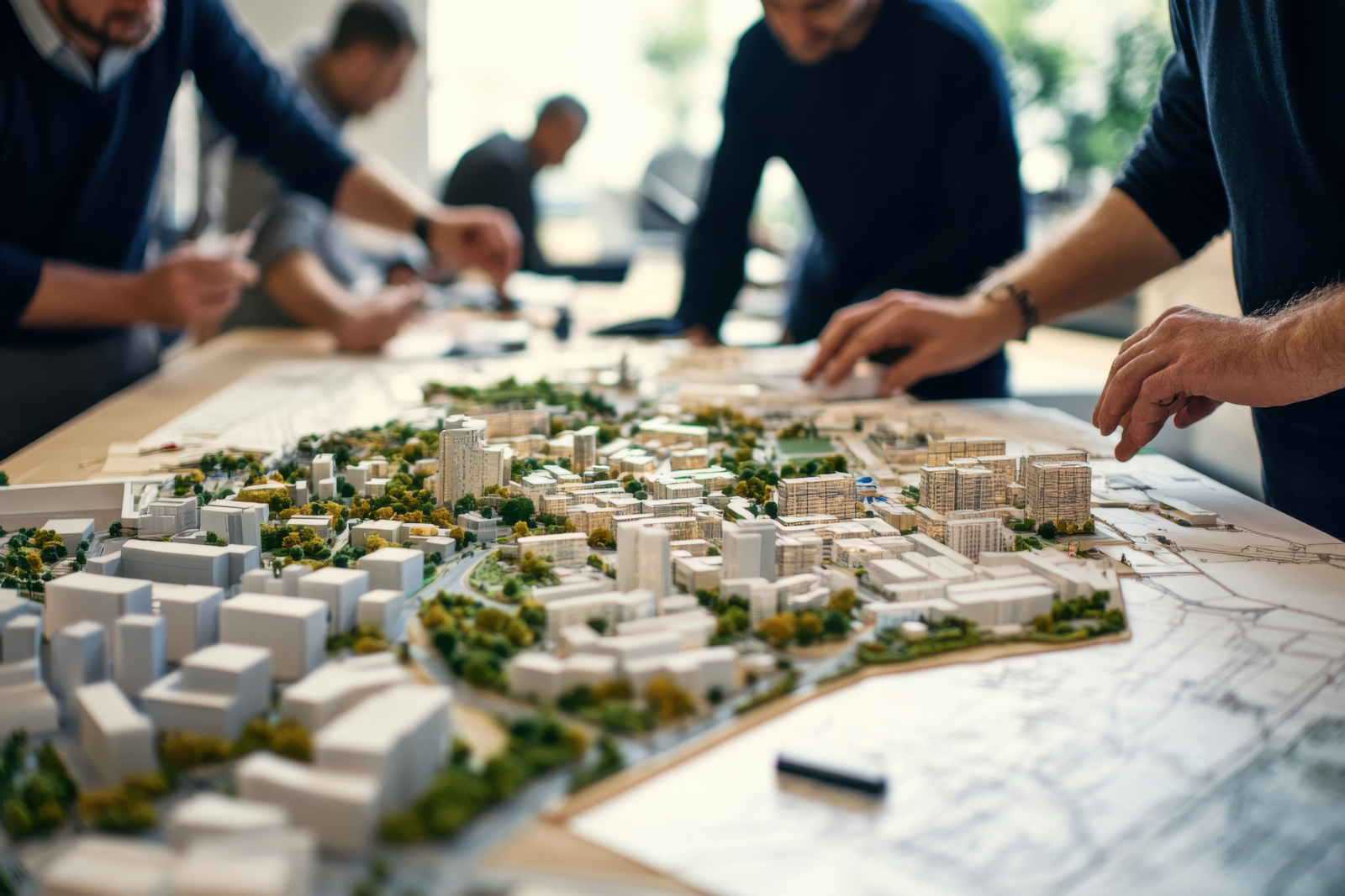 Small group of people looking over a 3D model of a town plan on a table