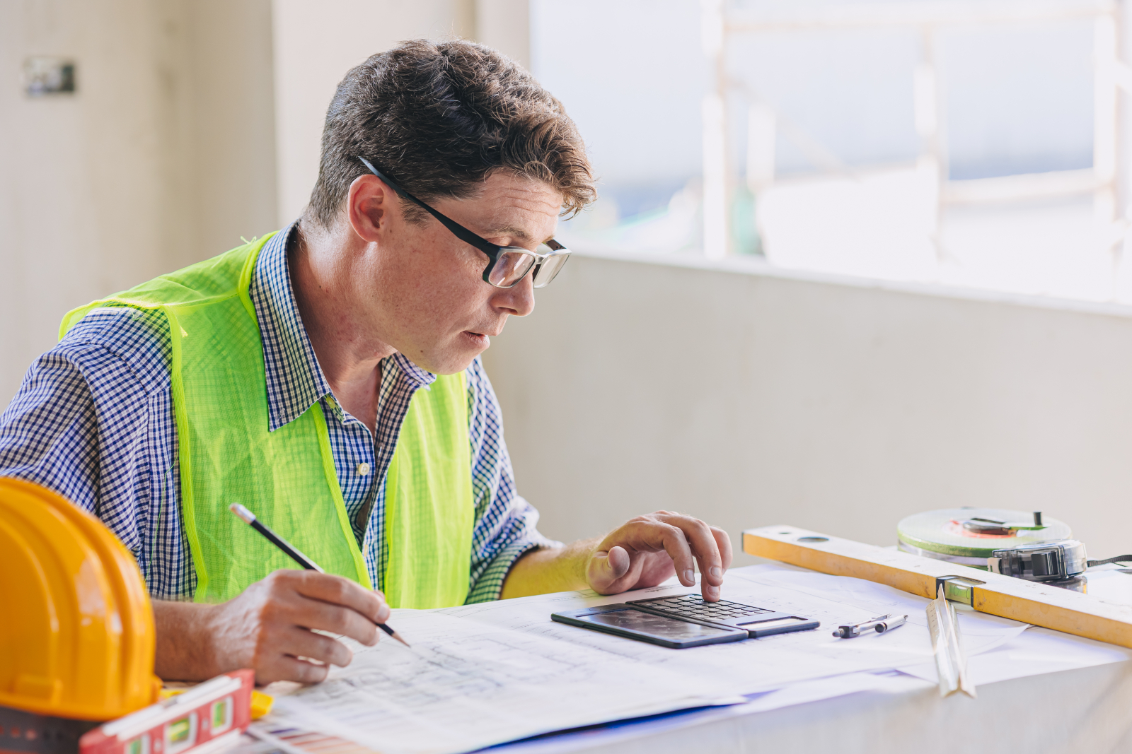 Construction manager in a high vis vest, sitting at an office desk looking over some paperwork and using a calculator