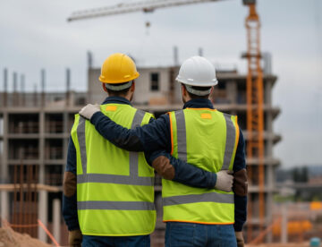 Two construction workers on a site, facing away from the camera with arms around each other - representing a supportive, caring moment