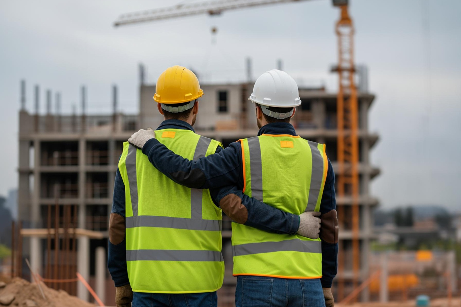 Two construction workers on a site, facing away from the camera with arms around each other - representing a supportive, caring moment