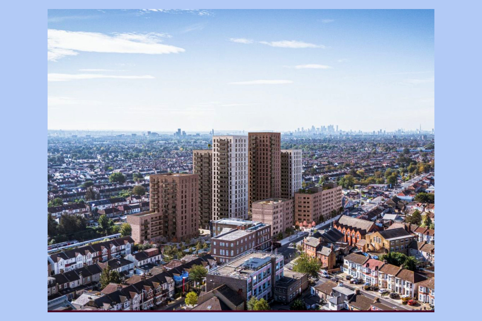Development site featuring several blocks of apartments with the London skyline in the background