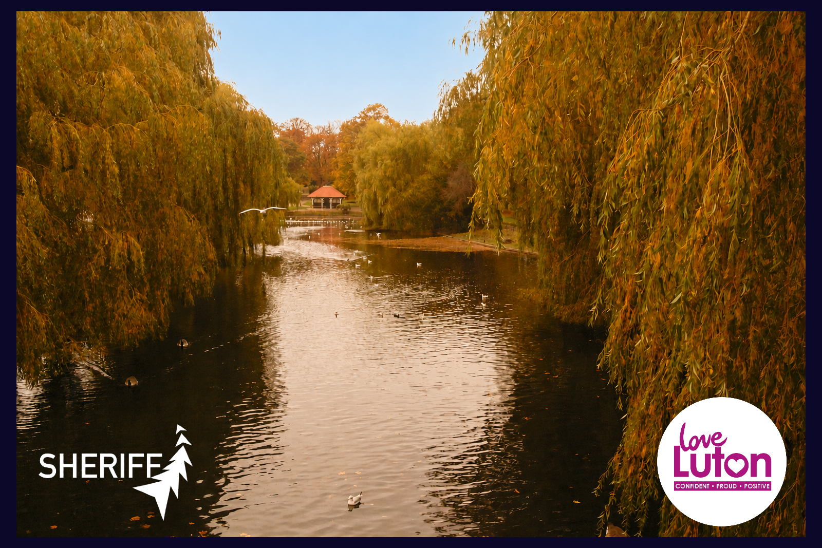 Wardown park in Luton showing the River Lea. Logos for Sheriff Construction and Love Luton also feature