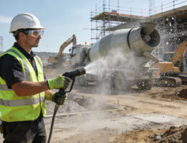 Construction worker on site wearing full PPE and using water for a dust suppression task