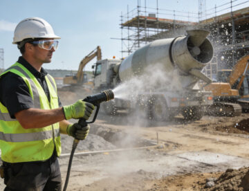 Construction worker on site wearing full PPE and using water for a dust suppression task