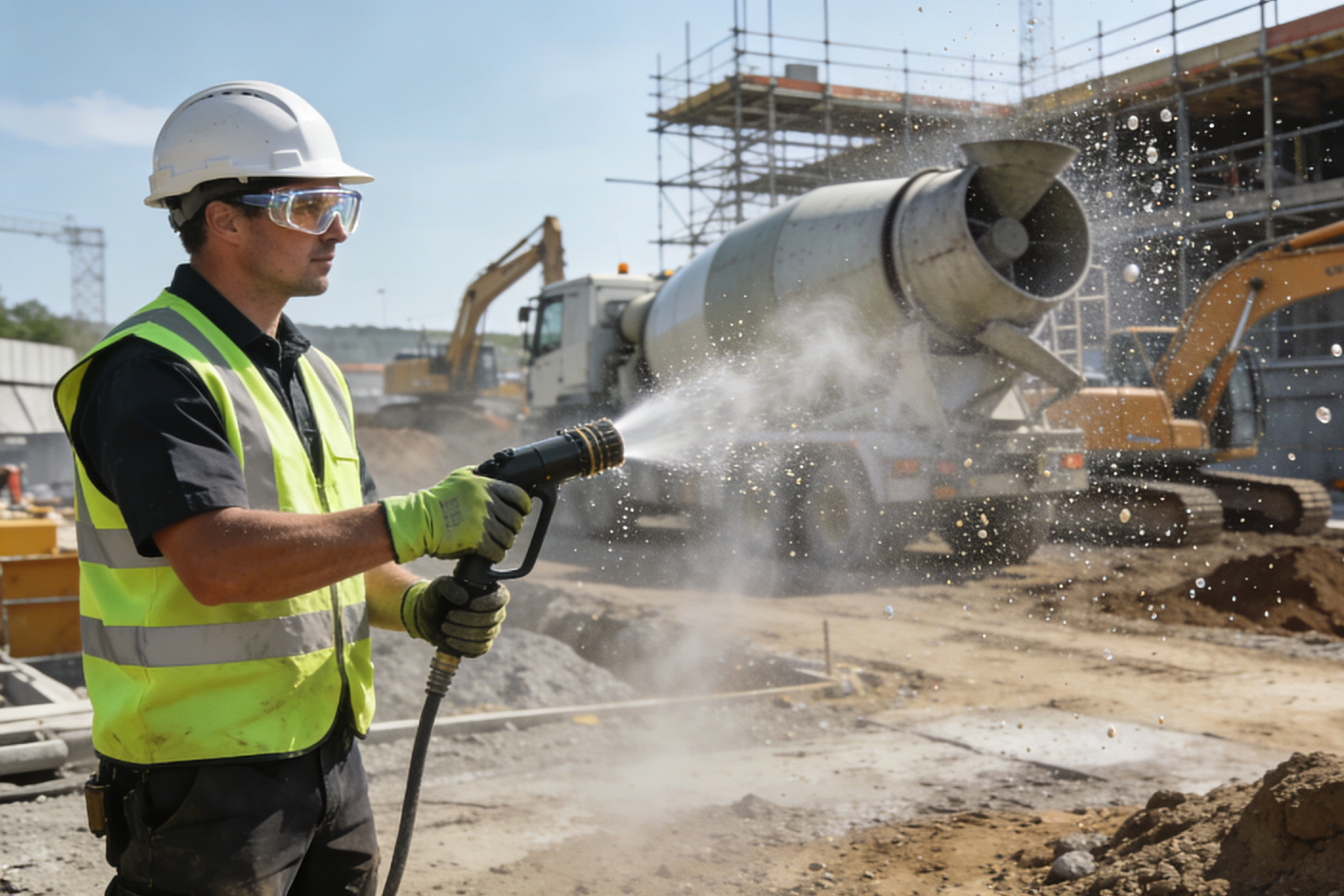 Construction worker on site wearing full PPE and using water for a dust suppression task