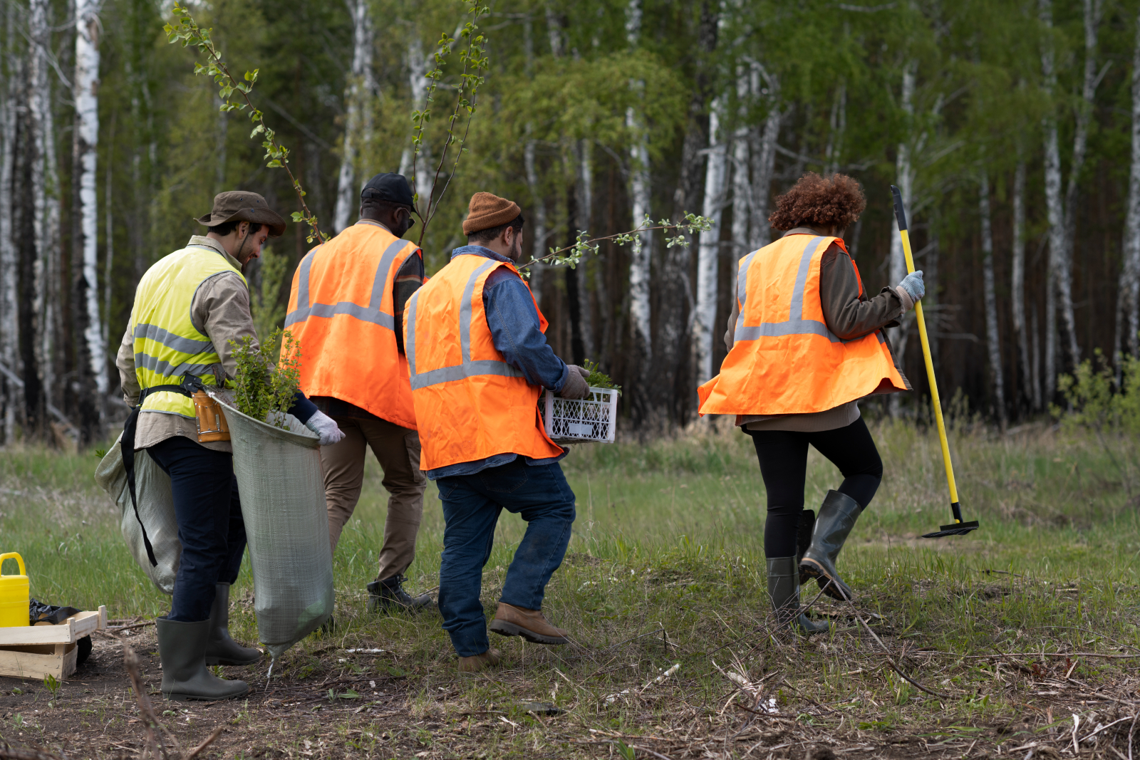 Group of construction workers volunteering, walking towards a wooded area with foliage ready to plant