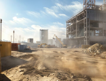 Image of a construction site with dry ground and clearly visible dust in the foreground.