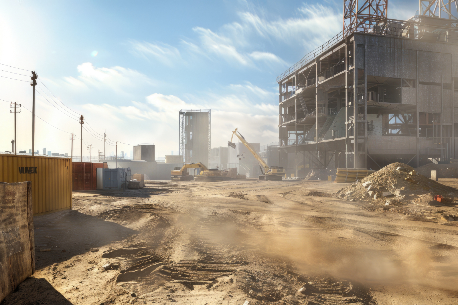 Image of a construction site with dry ground and clearly visible dust in the foreground.